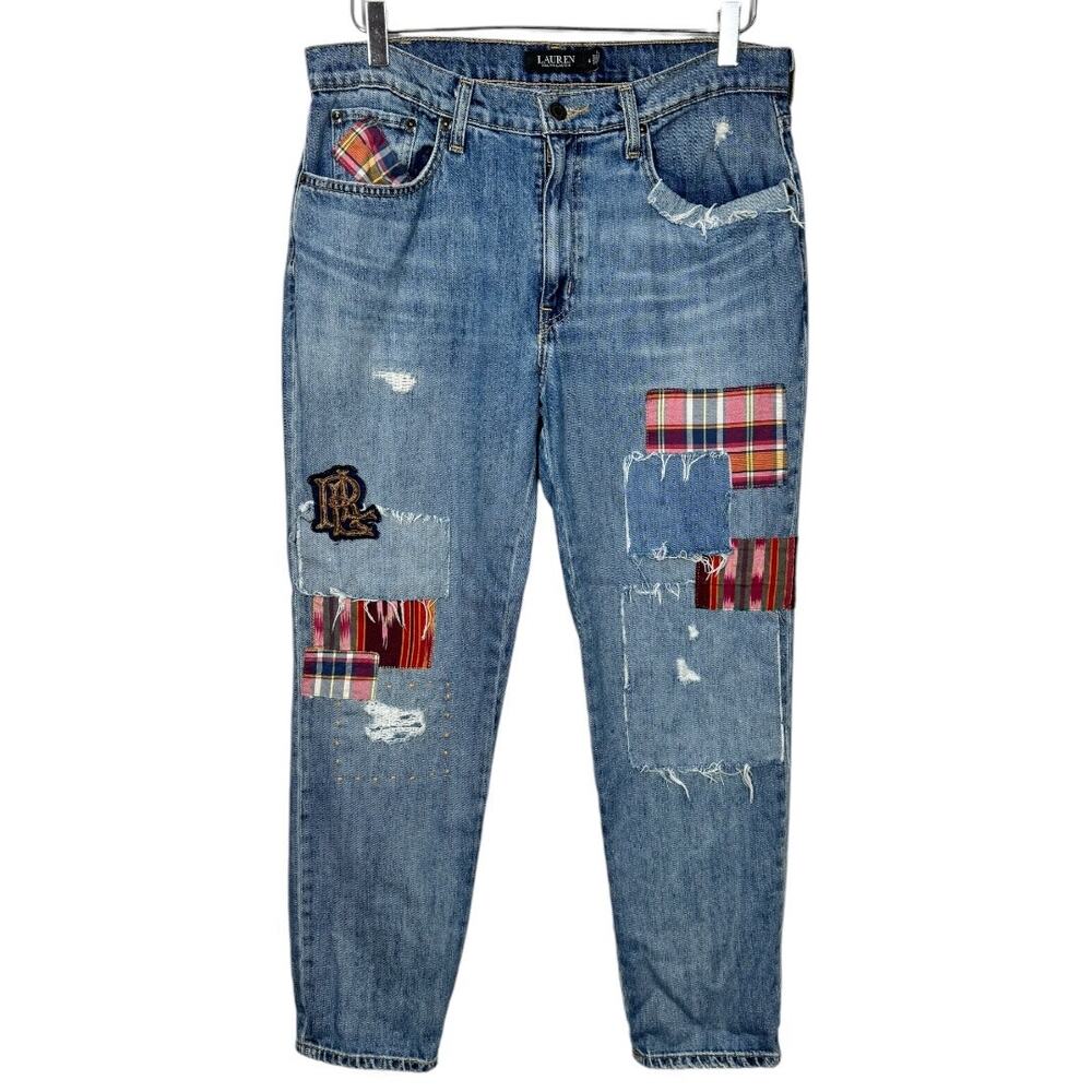 Lauren Ralph Lauren Patchwork Boyfriend Jeans 6 Ankle Distressed Plaid Preppy